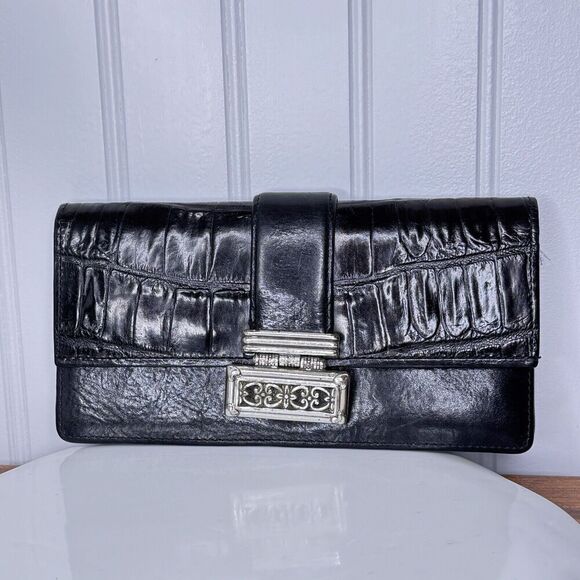 BRIGHTON Wallet Organizer Black Genuine Leather Croc Embossed Silver Accent - Picture 1 of 14